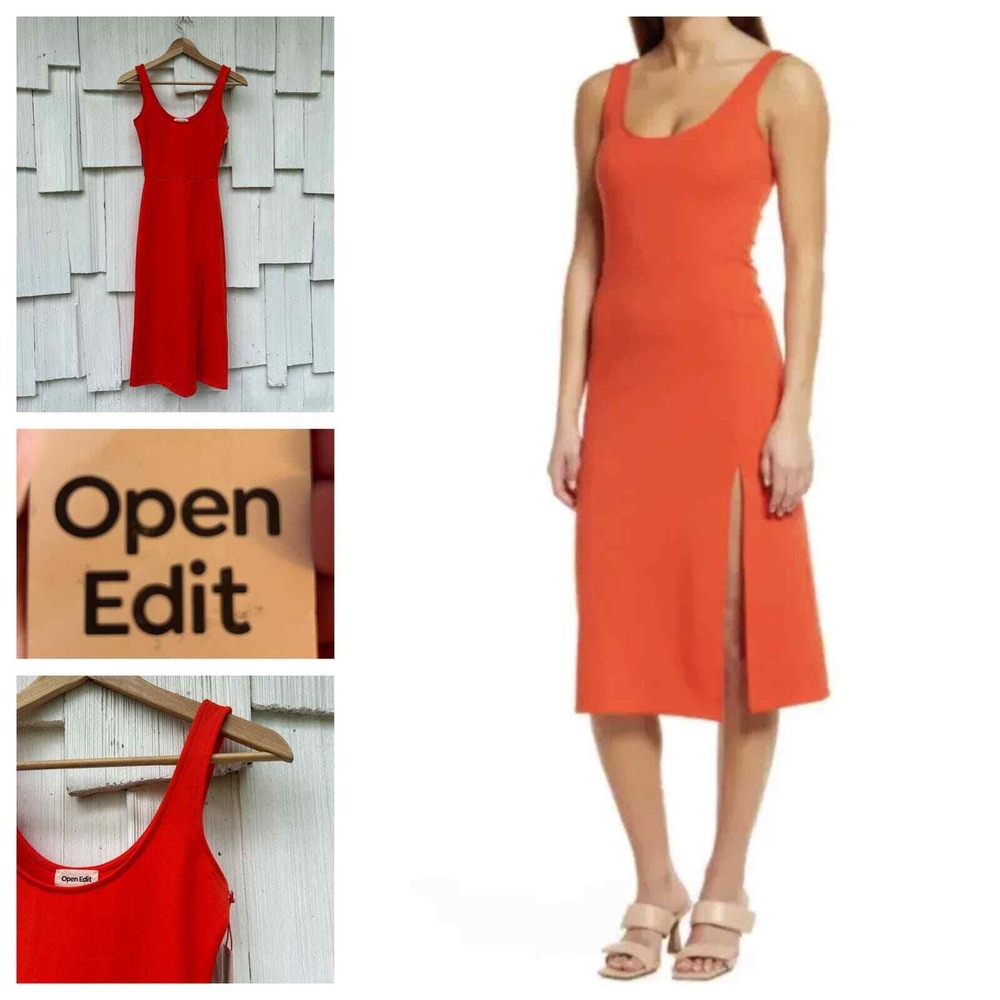 Open Edit Scoop Neck Jersey Midi Dress Red Mandarin Sleeveless‎ Leg Slit XXS NWT